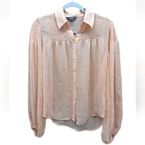 Express Semi Sheer Peach Floral Top Balloon Sleeves Sz Small EUC